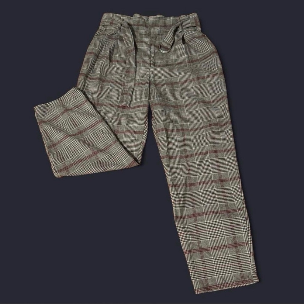 Hollister Gray Plaid Paperbag-waist Pants with Reddish Plaid Lines, Size M